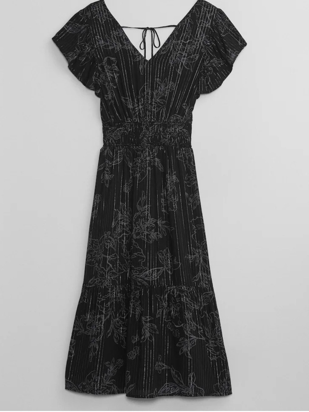 GAP Dress LRG $80 NWT Black Silver Thread Glitter Floral  Short Sleeve Midi
